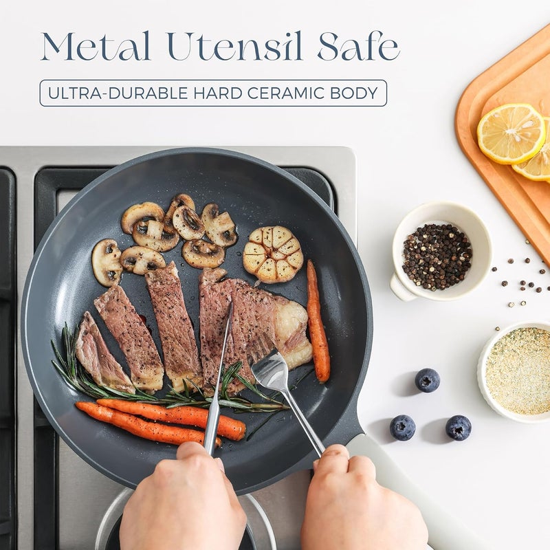 PRICUSIS Nonstick Ceramic Frying Pan Skillet, 10+12 Inch Induction Compatible with Stay Cool Handle, Healthy PTFE PFAS & PFOA Free Omelet Pan, Dishwasher Safe (Blueberry Gray) - Image 5
